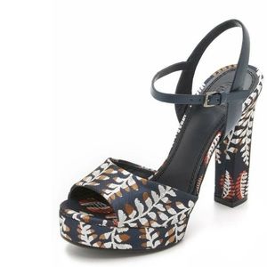 Tory Burch's jacquard 'Solana' sandals are woven with tonal-red and silver fern